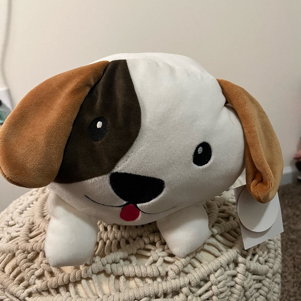 New Adorable kids White and Brown Dog Plush neck roll bolster pillow Was $59